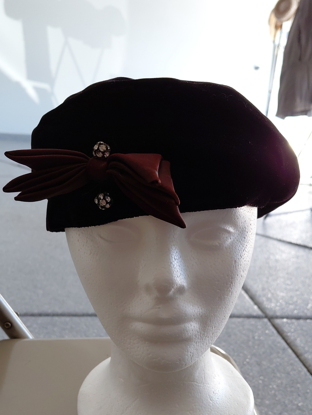 Vintage Black Velvet Beret with Brown Bow And Rhinestone Accents